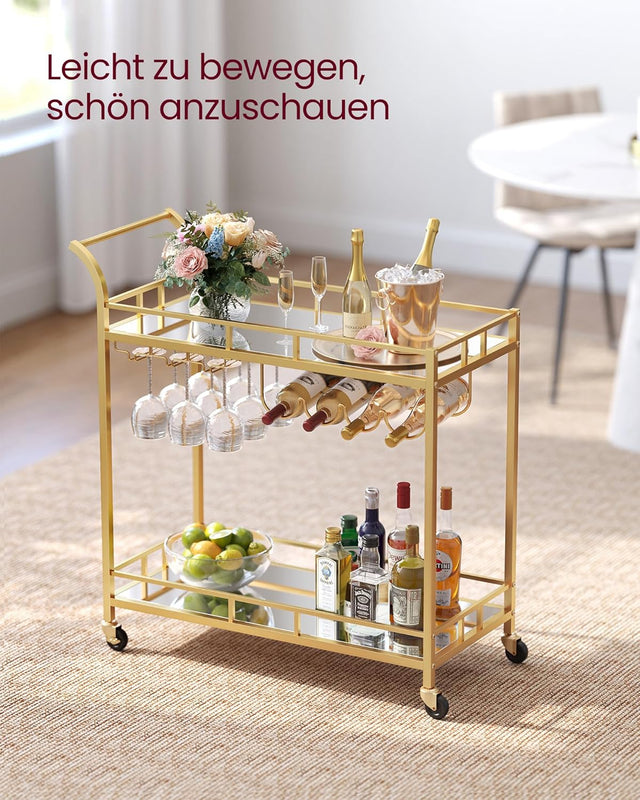 Servierwagen mit Gläserhalter und Glasablagen goldfarben von Songmics