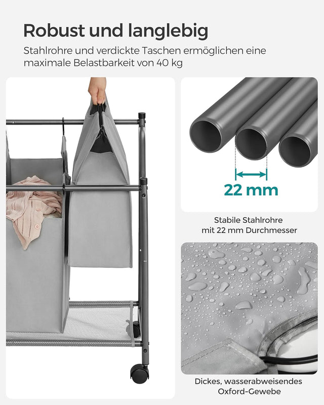 Wäschekorb mit Rollen und 4 Stofftaschen Grau von Songmics