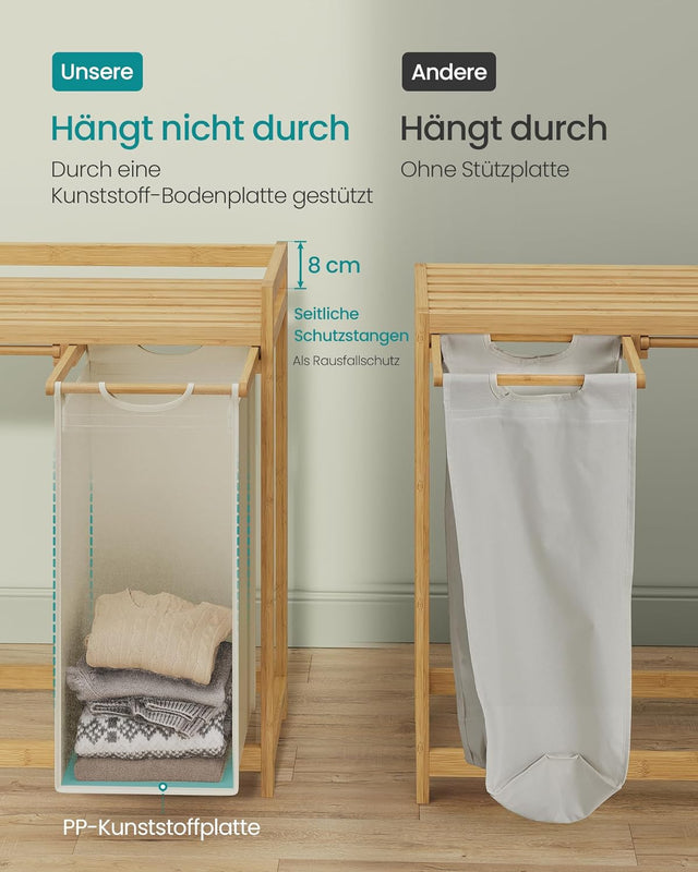 Wäschekorb Bambus 3 Fächer Cremeweiss von Songmics