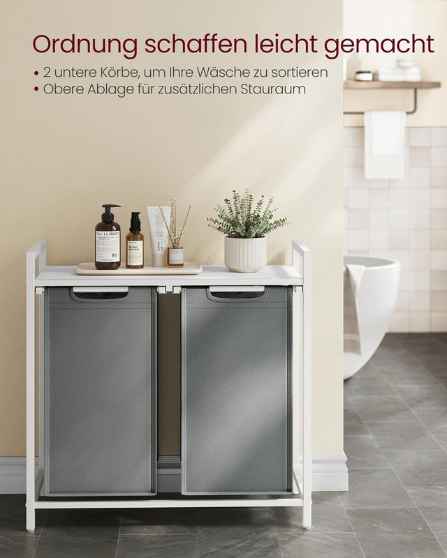 Wäschekorb mit 2 Fächern und Ablage, schiefergrau-mattweiss von Songmics