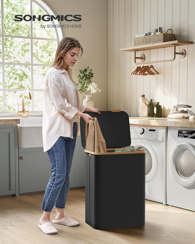 Wäschekorb 2 Fächer Bambus Griffe Schwarz