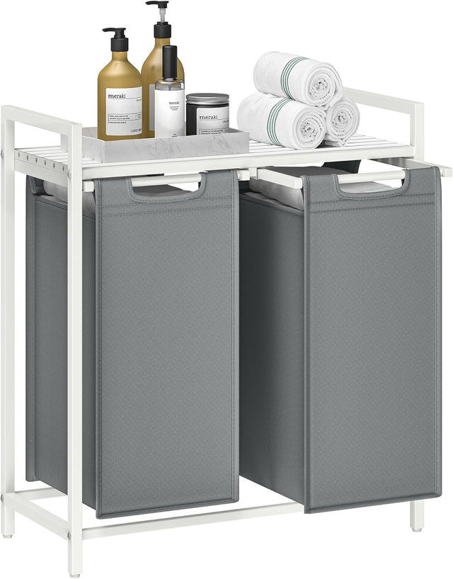 Wäschekorb mit 2 Fächern und Ablage, schiefergrau-mattweiss von Songmics