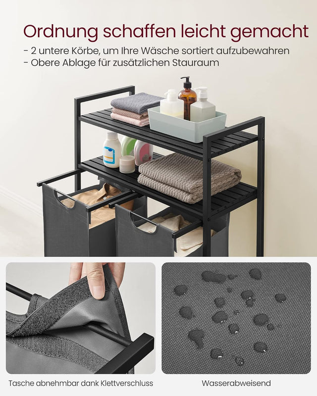 Wäschekorb mit 2 Fächern und 2 Ablagen, schwarz-grau von Songmics