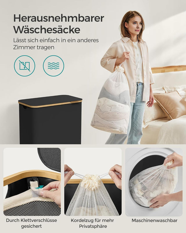 Wäschekorb 2 Fächer Bambus Griffe Schwarz