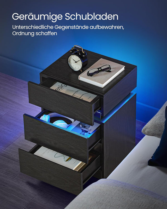Nachttisch LED-Beleuchtung 3 Schubladen Schwarz