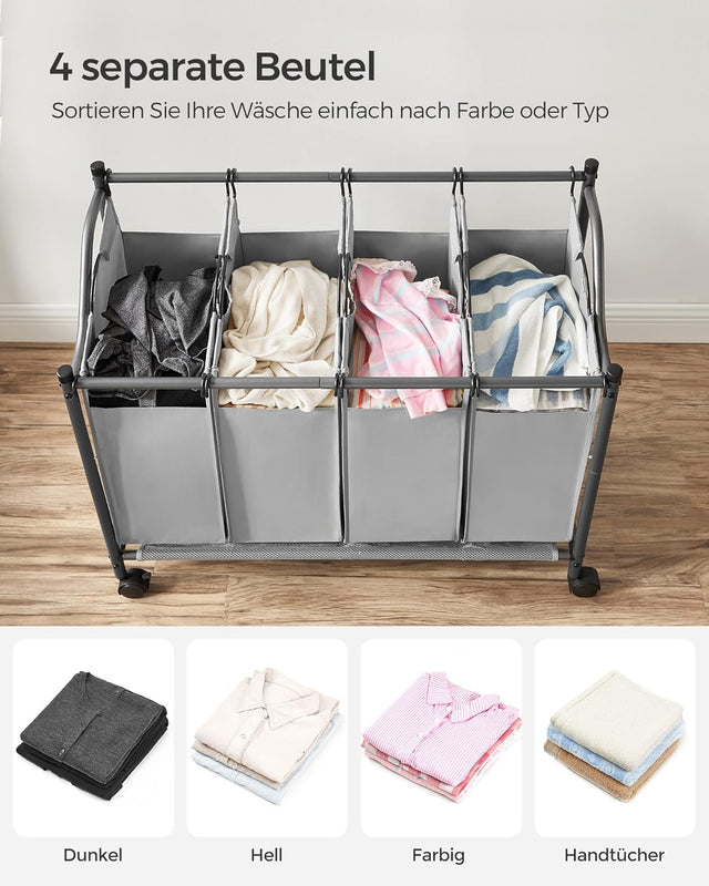 Wäschekorb mit Rollen und 4 Stofftaschen Grau von Songmics