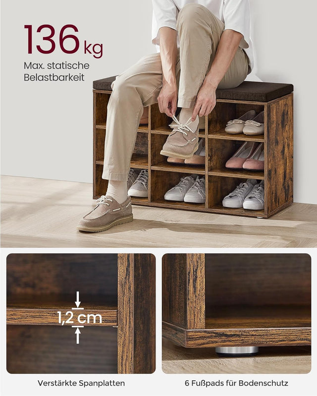 Schuhbank mit Stauraum und Kissen vintagebraun von Songmics