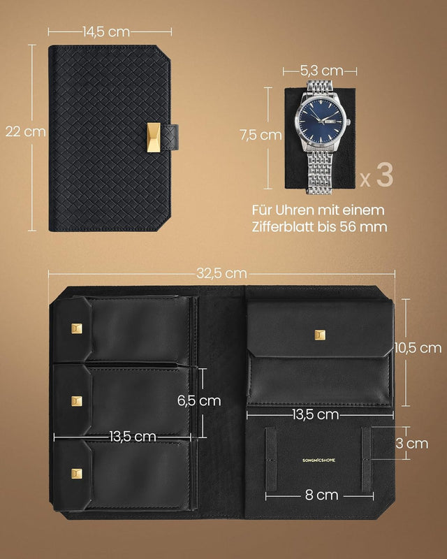 Uhrenbox Reiseetui für 3 Uhren Schwarz von Songmics
