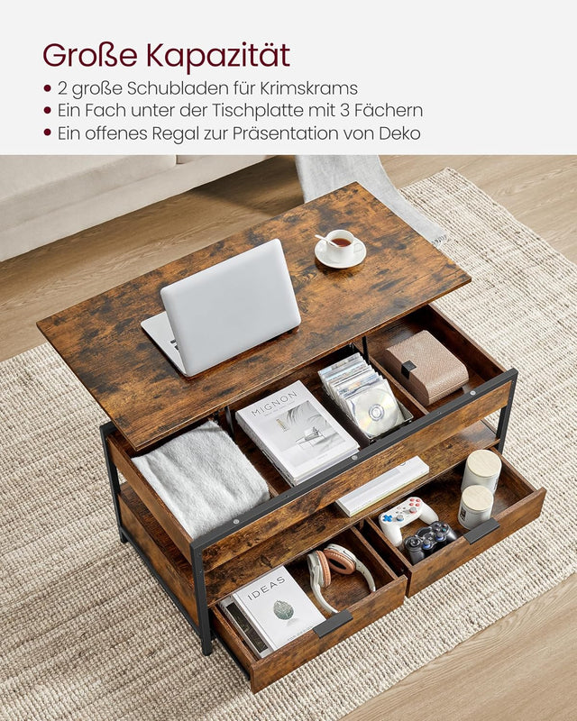 Couchtisch Höhenverstellbar Schubladen Vintagebraun Tintenschwarz von Songmics