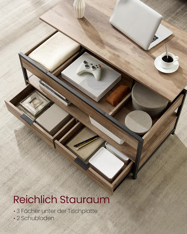 Couchtisch Höhenverstellbar Schubladen Offenes Fach Kamelbraun