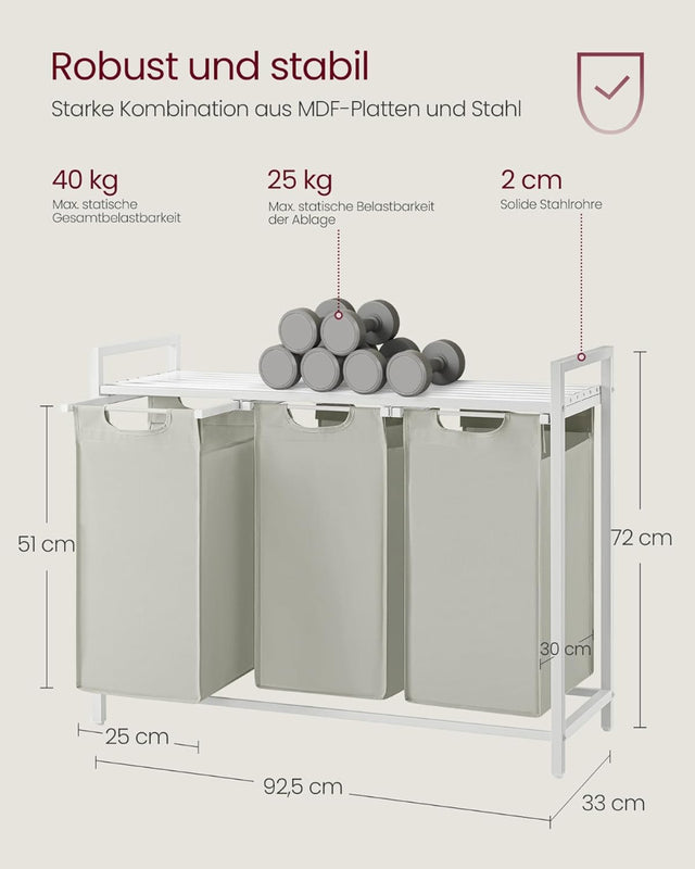 Wäschekorb mit 3 Fächern und Ablage, cremeweiss-mattweiss von Songmics