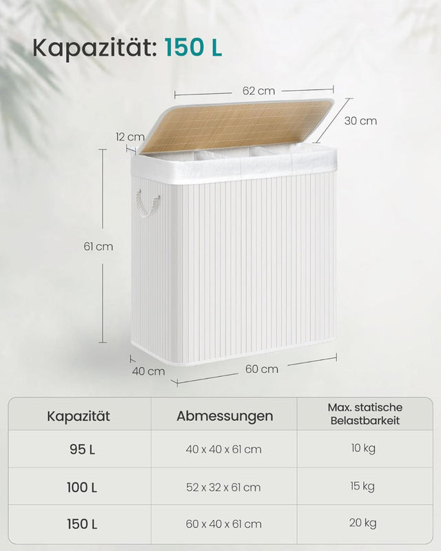 Wäschekorb Wäschebox Bambus 3 Fächer faltbar mit Griffen
