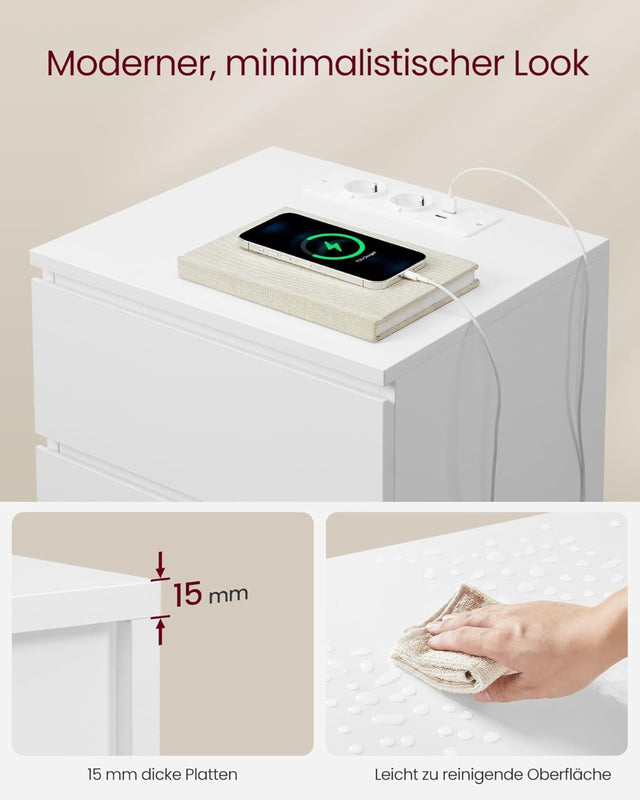 Nachttisch Set mit Steckdosen Modern Weiss