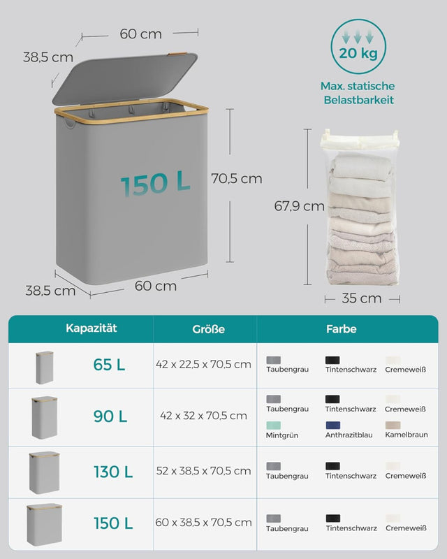 Wäschekorb Wäschesammler 3 Fächer Bambus 150l Grau