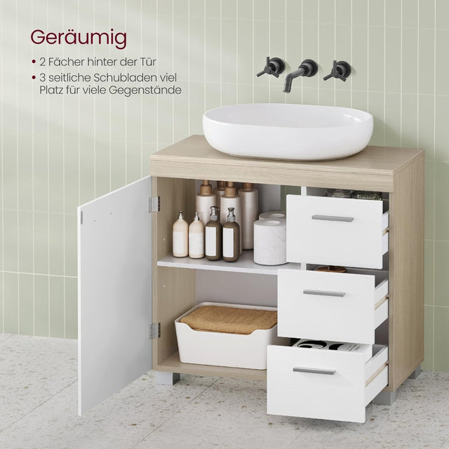 Waschbeckenunterschrank mit Schubladen wolkenweiss-naturbeige von Songmics