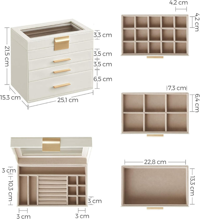 Schmuckkästchen mit Glasdeckel 4 Ebenen wolkenweiss-golden