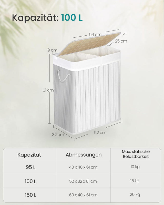 Wäschekorb Wäschesammler 2 Fächer Bambus 100l weiss