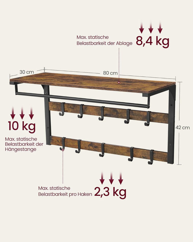 Wandgarderobe mit Ablage 80cm Vintagebraun-Schwarz von Songmics