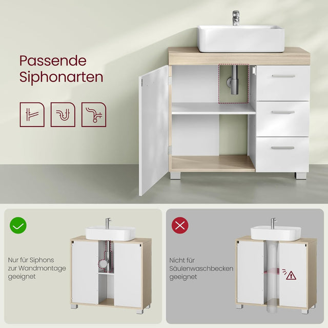 Waschbeckenunterschrank mit Schubladen wolkenweiss-naturbeige von Songmics