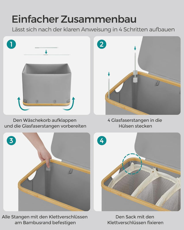 Wäschekorb Wäschesammler 3 Fächer Bambus 150l Grau