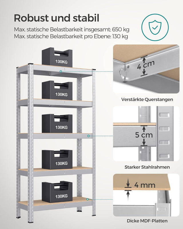 Schwerlastregal mit Stahlgestell, bis 650 kg, silbern von Songmics