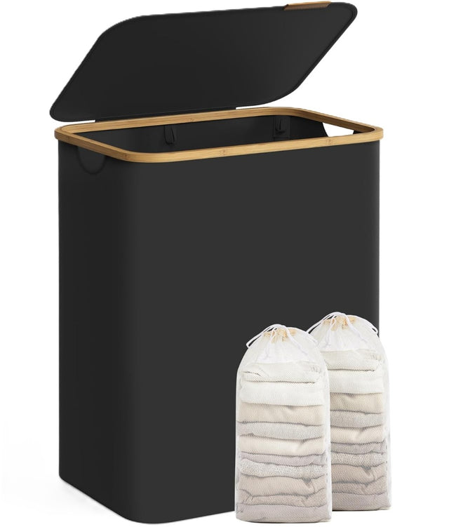 Wäschekorb 2 Fächer Bambus Griffe Schwarz