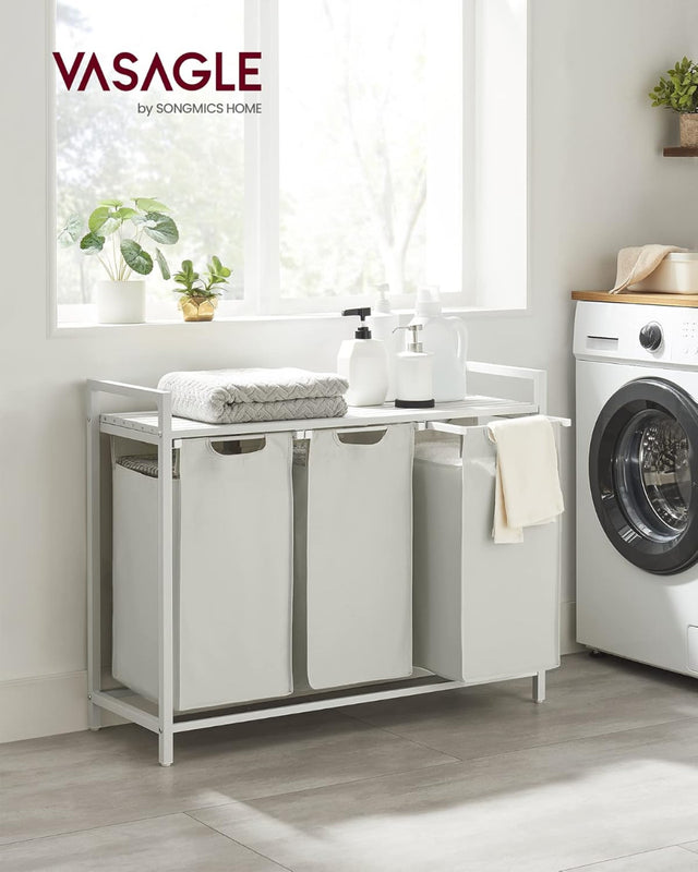 Wäschekorb mit 3 Fächern und Ablage, cremeweiss-mattweiss von Songmics