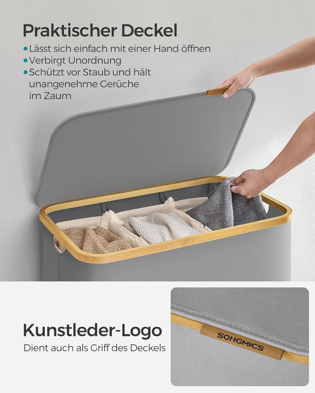 Wäschekorb Wäschesammler 3 Fächer Bambus 150l Grau