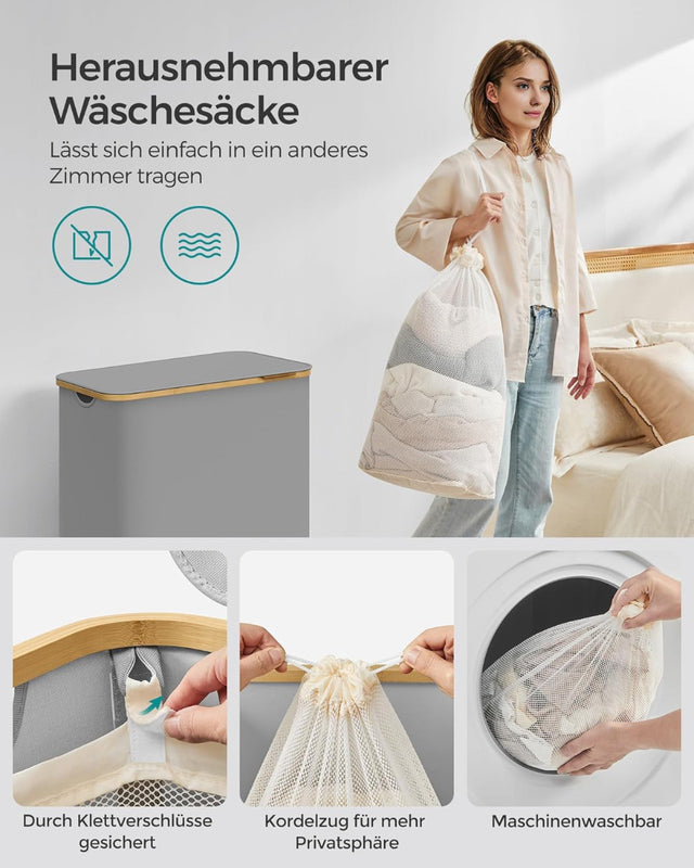 Wäschekorb Wäschesammler 3 Fächer Bambus 150l Grau