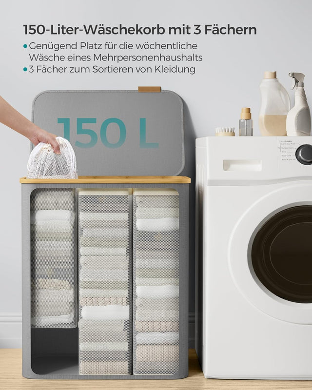 Wäschekorb Wäschesammler 3 Fächer Bambus 150l Grau