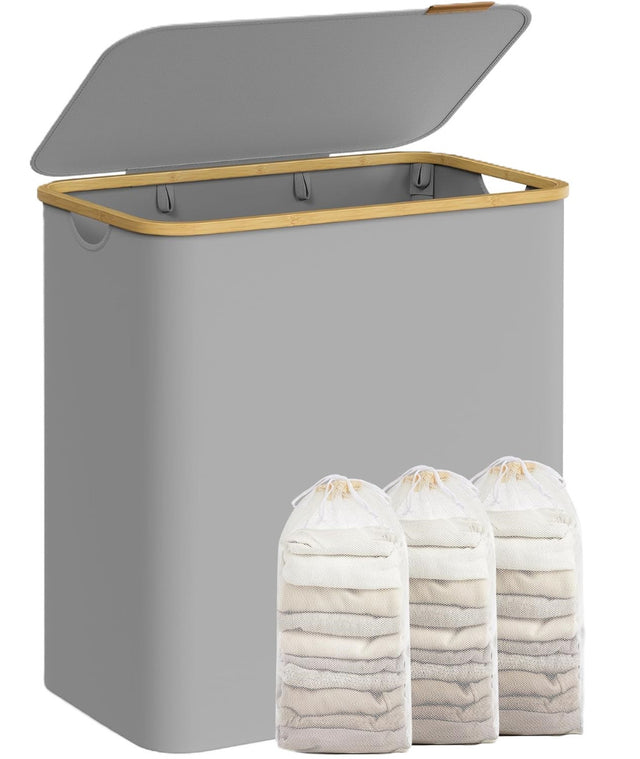 Wäschekorb Wäschesammler 3 Fächer Bambus 150l Grau