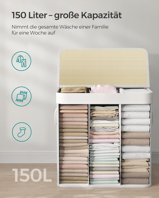 Wäschekorb Wäschebox Bambus 3 Fächer faltbar mit Griffen