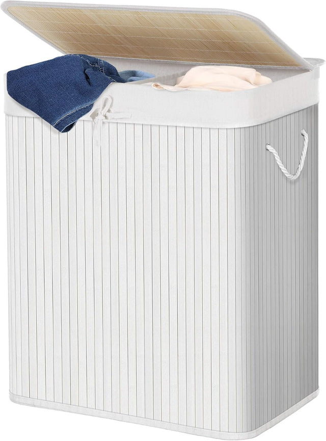 Wäschekorb Wäschesammler 2 Fächer Bambus 100l weiss