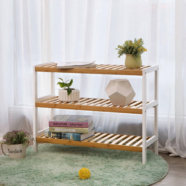 Schuhregal Schuhablage Bambus 3 Ebenen weiss-natur