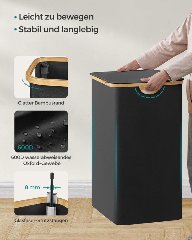 Wäschekorb 2 Fächer Bambus Griffe Schwarz