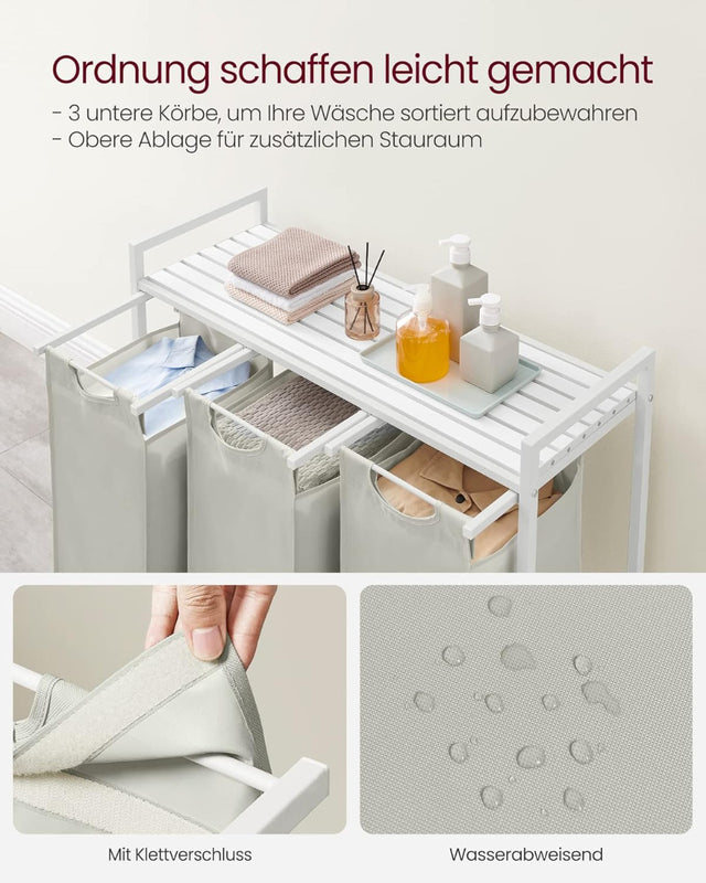 Wäschekorb mit 3 Fächern und Ablage, cremeweiss-mattweiss von Songmics