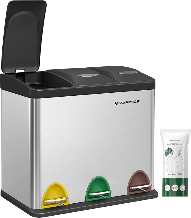 Mülleimer Küche 24L Mülltrennsystem 3 Fächer silbern-schwarz inkl. Müllsäcke