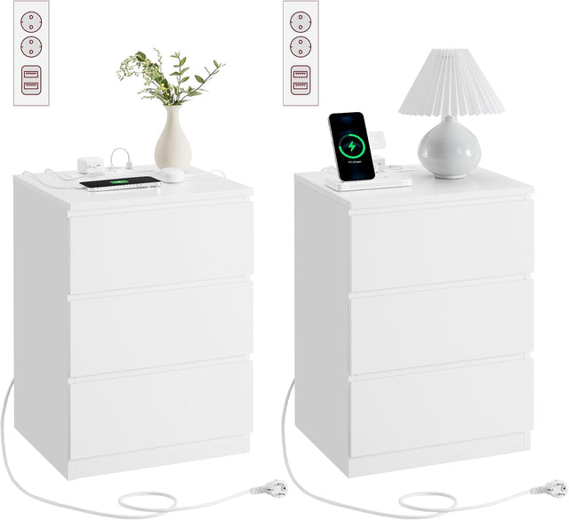 Nachttisch Set mit Steckdosen Modern Weiss