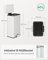 Mülleimer Küche 40L Stahl Weiss inkl. Müllbeutel