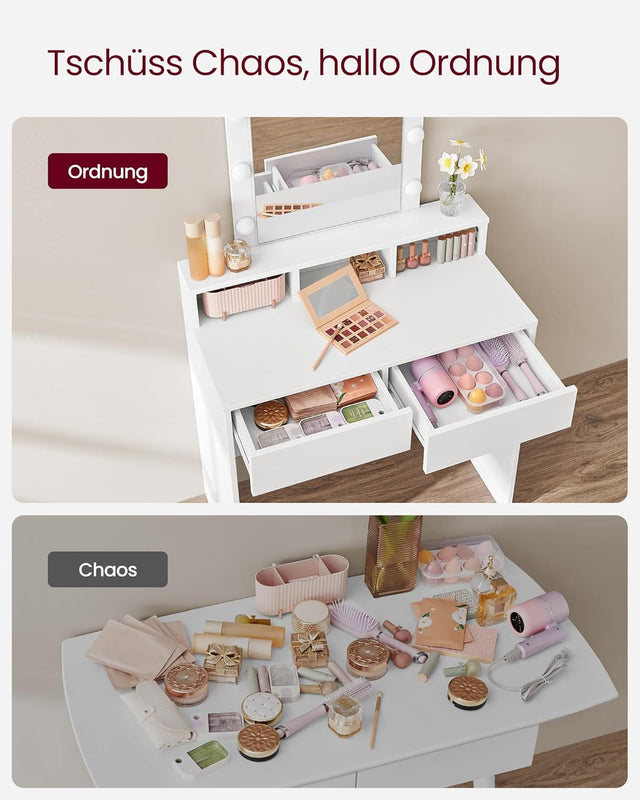 Schminktisch LED Spiegel Schubladen Fächer Weiss