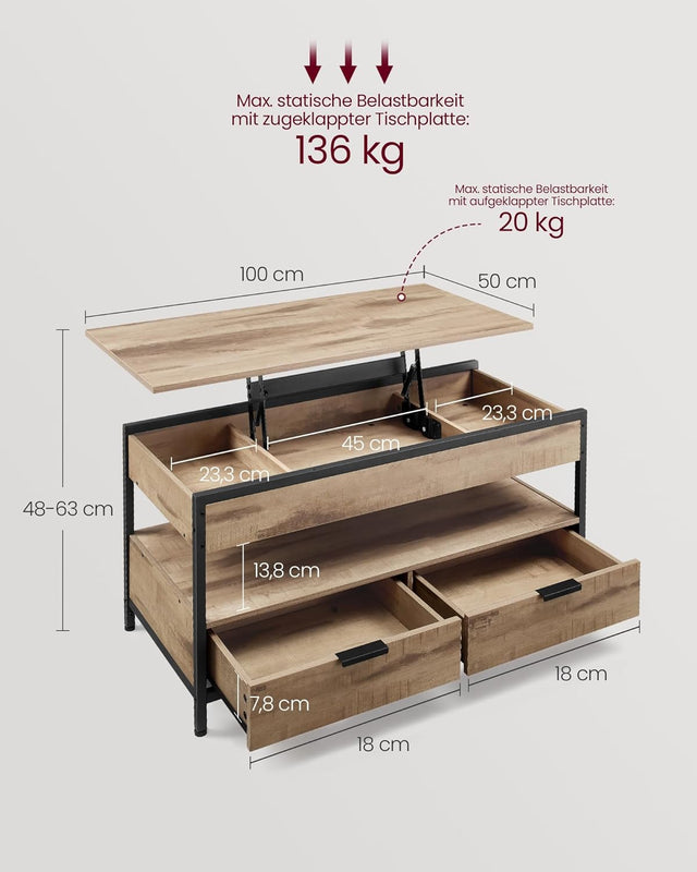 Couchtisch Höhenverstellbar Schubladen Offenes Fach Kamelbraun