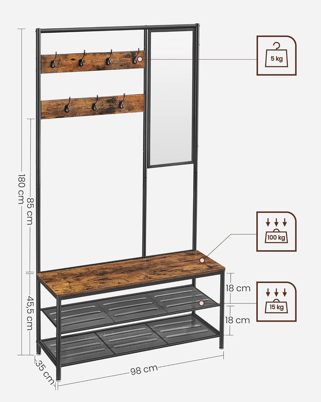 Kleiderständer Garderobe mit Spiegel Sitzbank Vintagebraun von Songmics