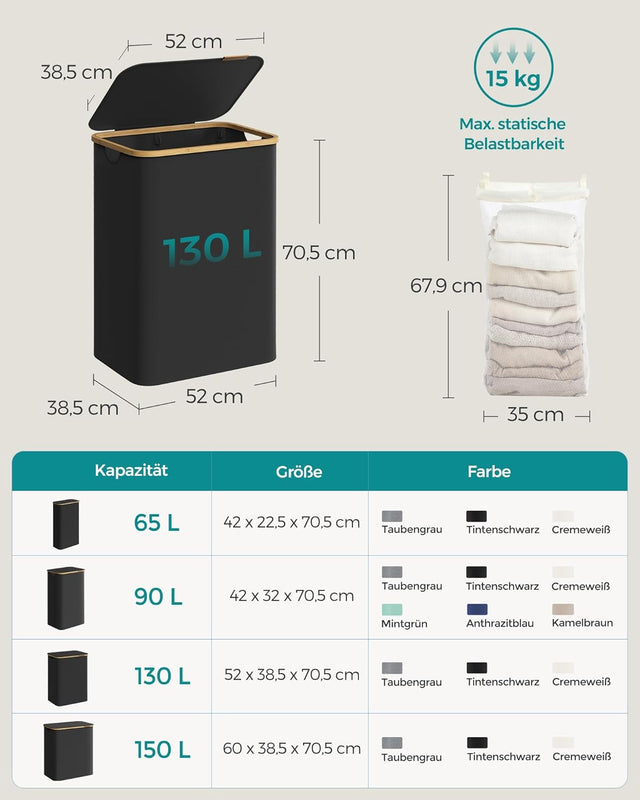 Wäschekorb 2 Fächer Bambus Griffe Schwarz