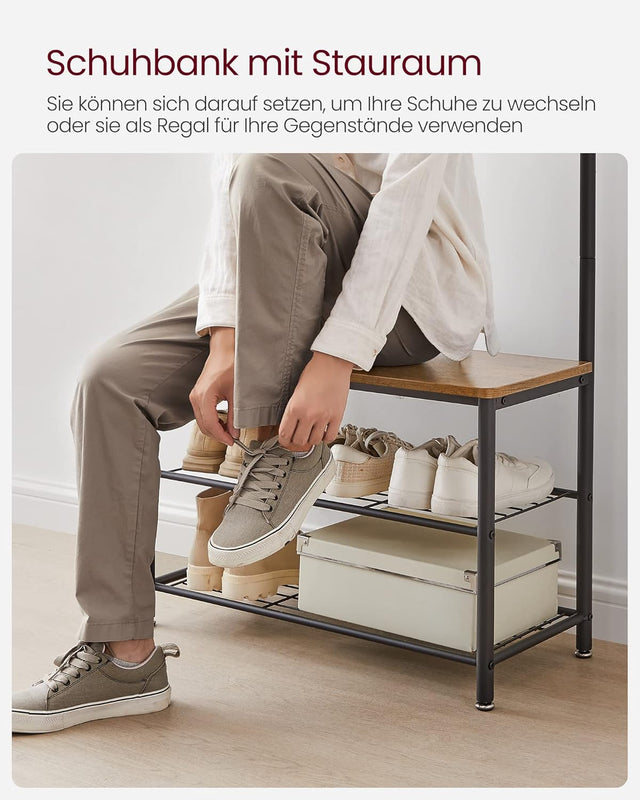 Garderobenständer mit Schuhablagen Industrie-Design Walnussbraun