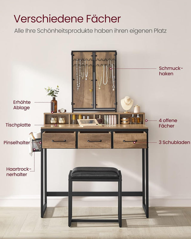 Schminktisch Spiegel Schubladen Hocker Eichenbraun Schwarz