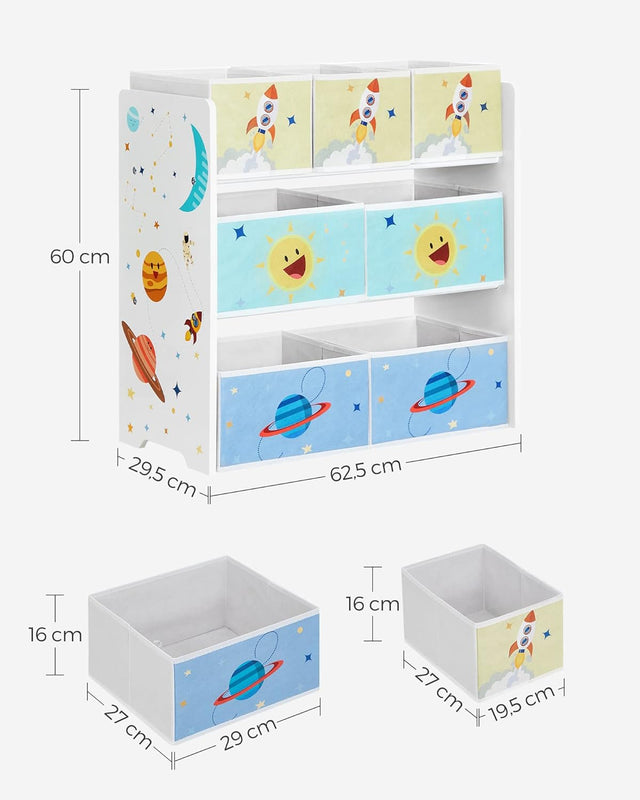 Kinderzimmerregal Weltall mit 7 Aufbewahrungsboxen Weiss