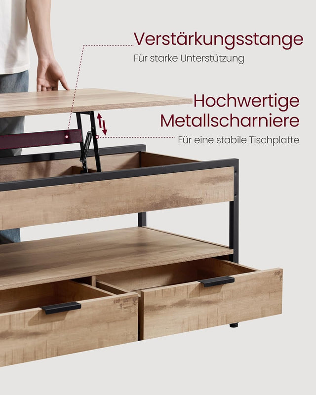 Couchtisch Höhenverstellbar Schubladen Offenes Fach Kamelbraun