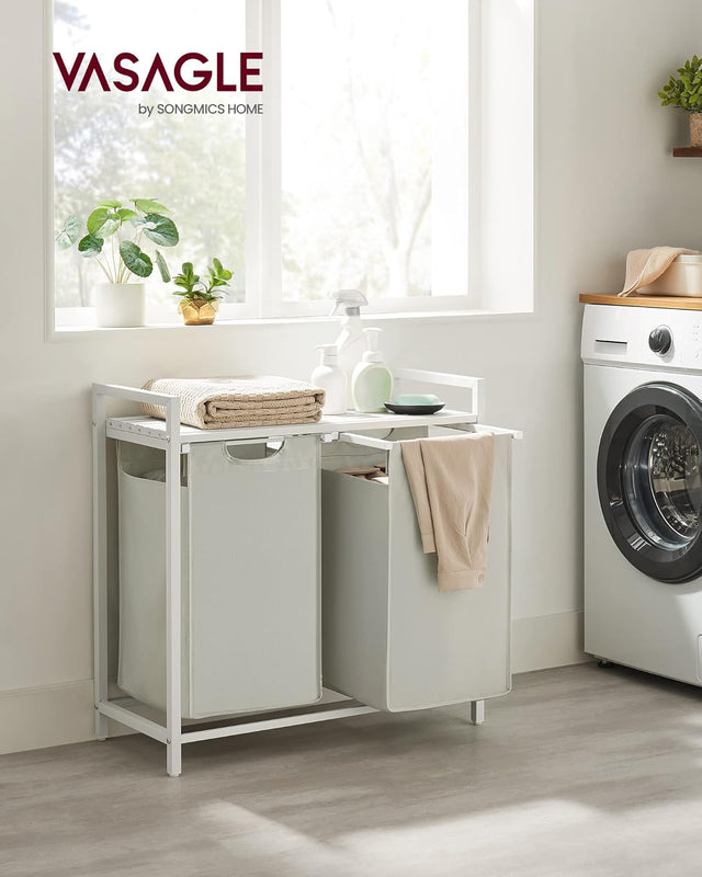 Wäschekorb mit 2 Fächern und Ablage, cremeweiss-mattweiss von Songmics