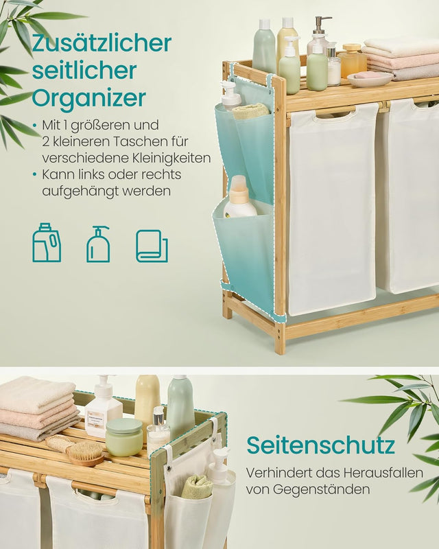 Wäschekorb Bambus 2 Fächer Cremeweiss von Songmics