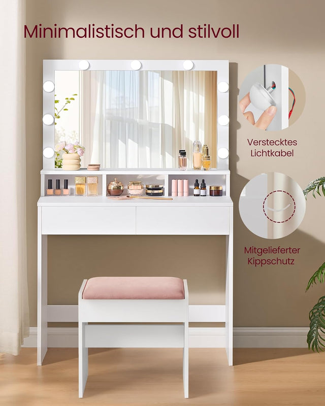Schminktisch LED Beleuchtung Spiegel Schubladen, 80 x 40 x 140 cm, Weiss